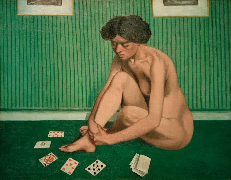 Félix Vallotton Patience spielende Frau Kunstkopie, nackte Frau sitzt am Boden vor grüner Streifentapete mit Spielkarten