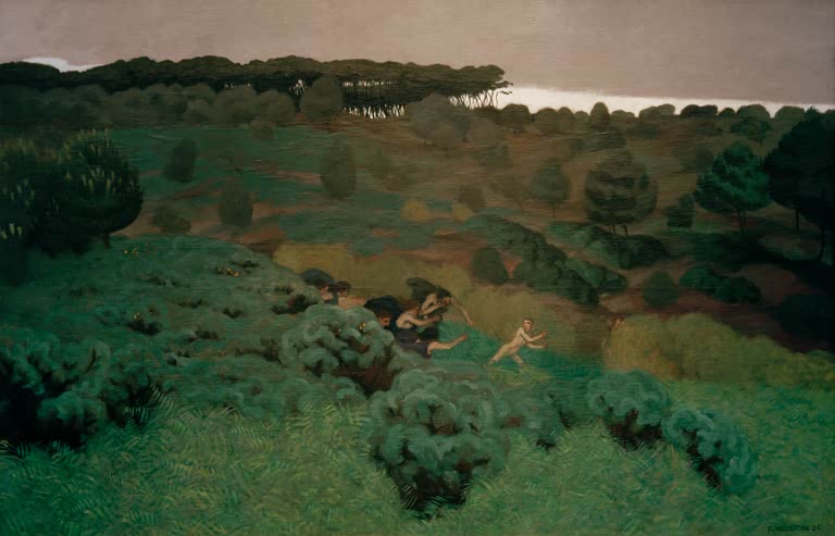 Félix Vallotton Pentheus Kunstkopie, fliehende Gestalten in grüner Hügellandschaft mit Büschen und Pinien unter Abendhimmel