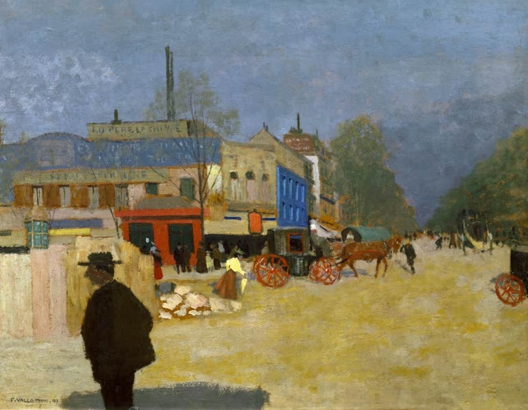 Félix Vallotton Place Clichy Kunstkopie, Pariser Platz mit Pferdewagen, rotem Häuschen und einem Passanten im Vordergrund