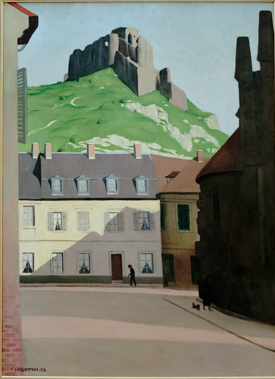 Félix Vallotton Platz in Les Andelys Kunstkopie, Häuserzeile und grüner Hügel mit der Ruine des Château Gaillard