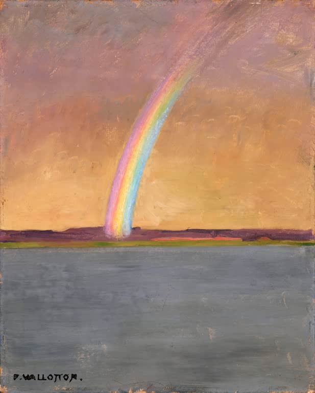 Félix Vallotton Regenbogen über grauer Wasserfläche Kunstkopie, Farbbogen vor orangefarbenem Himmel