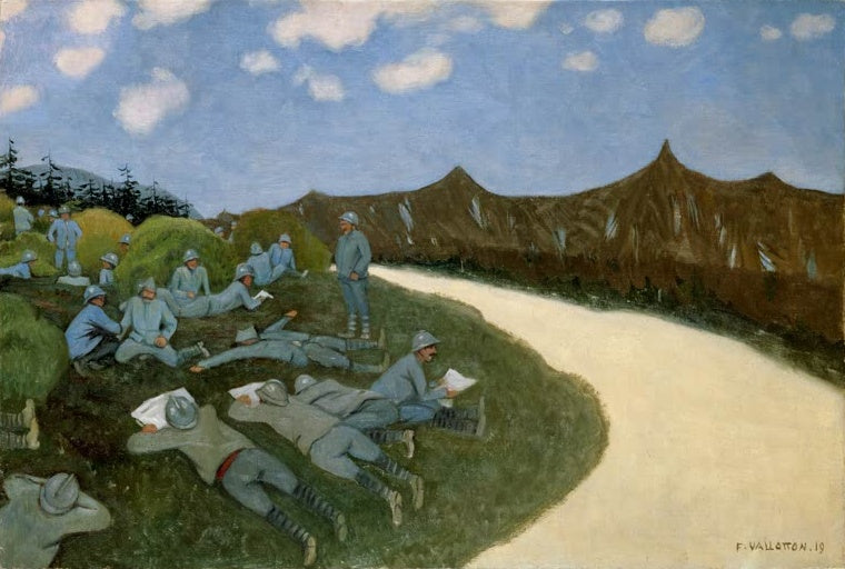 Félix Vallotton Reservisten an einer Straße, Champagne 1916 Kunstkopie, ruhende Soldaten im Gras