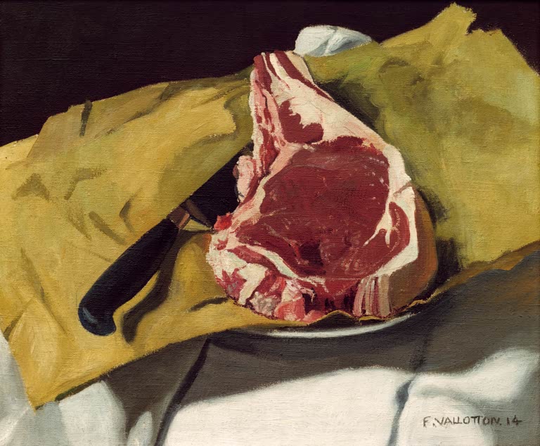 Félix Vallotton Rippenstück auf gelbem Papier Kunstkopie, Stillleben mit rohem Entrecôte und Messer auf ockerfarbenem Papier