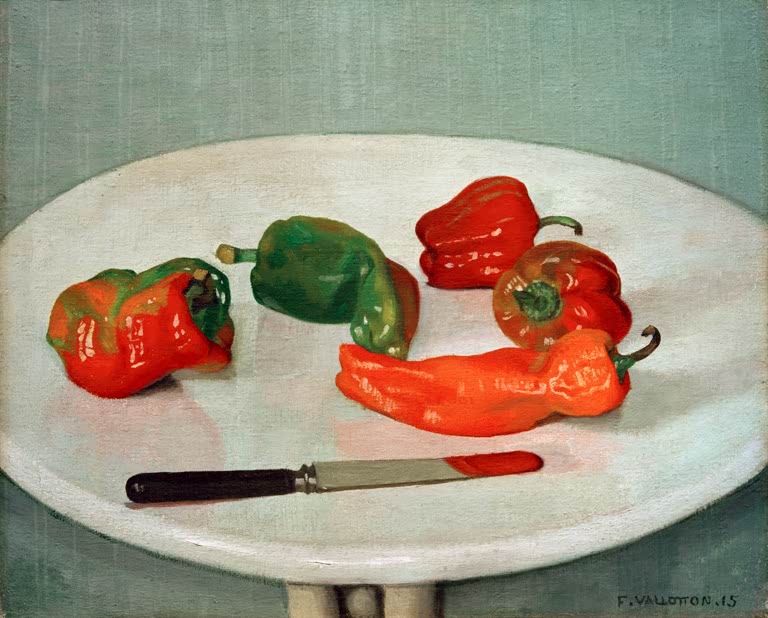 Félix Vallotton Rote Paprika Kunstkopie, Stillleben mit roten und grünen Paprika und Messer auf einem weißen runden Tisch