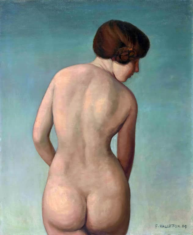 Félix Vallotton Rückenakt einer Frau vor türkisfarbenem Grund Kunstkopie, Frau mit gestecktem Haar in Rückenansicht