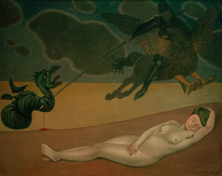 Félix Vallotton Ruggero befreit Angelica Kunstkopie, Ritter auf Hippogryph greift Seeungeheuer über schlafender Frau an