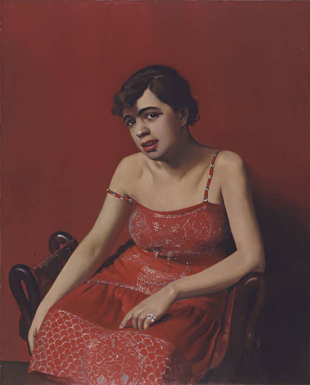 Félix Vallotton Rumänin im roten Kleid Kunstkopie, sitzende Frau in rotem Kleid vor tiefrotem Grund