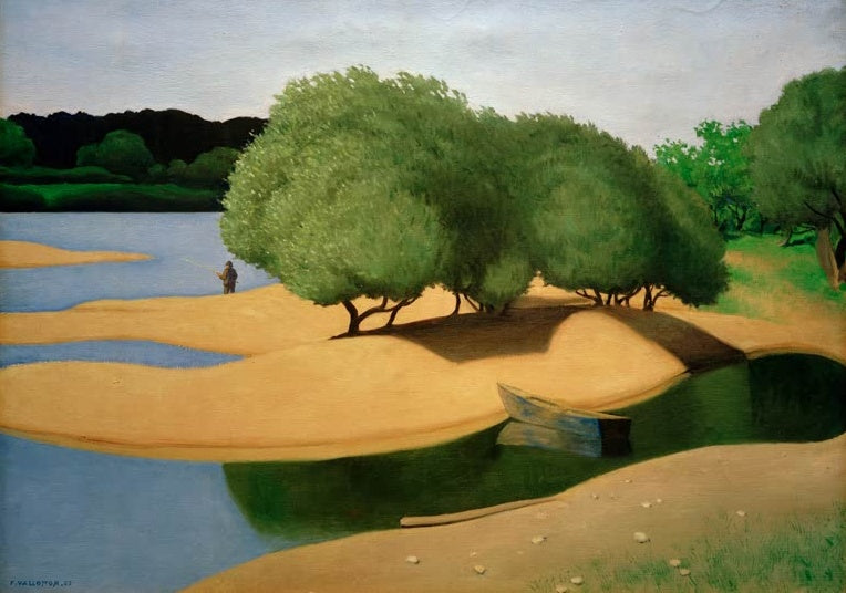 Félix Vallotton Sandbänke an der Loire Kunstkopie, goldene Sandbänke unter grünen Weiden mit Angler und Ruderboot