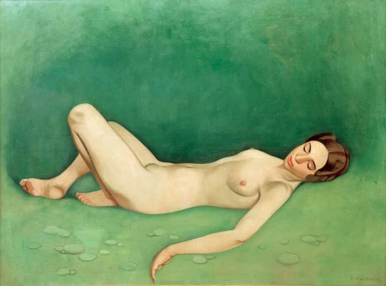 Félix Vallotton Schlafende Badende, liegender Akt auf grünem Grund Kunstkopie, schlafende Frau mit hellen Kieseln