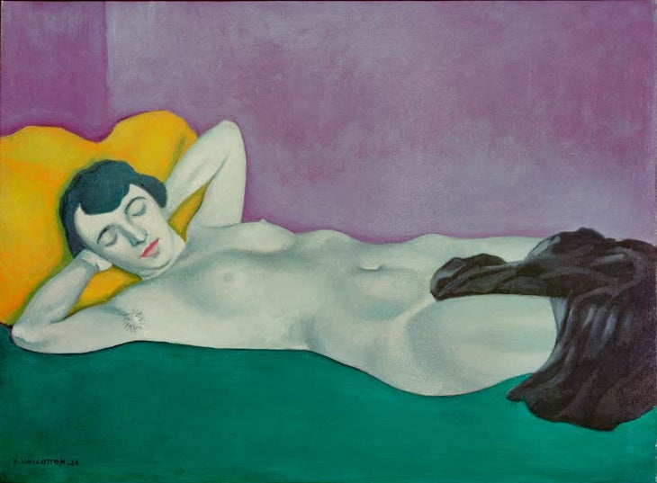 Félix Vallotton Schlafende Frau auf grünem Tuch Kunstkopie, liegender Akt mit gelbem Kissen vor violetter Wand