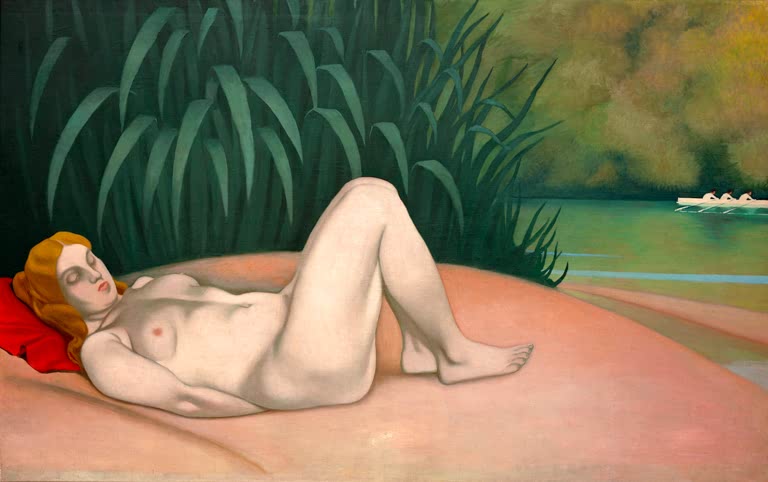 Félix Vallotton Schlafender Akt am Flussufer Kunstkopie, ruhende Frau vor Schilf und Ruderboot auf dem Fluss