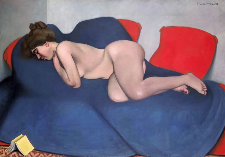 Félix Vallotton Schlafender Akt auf blauem Sofa mit gelbem Buch Kunstkopie, ruhende Frau auf blauem Tuch und roten Kissen