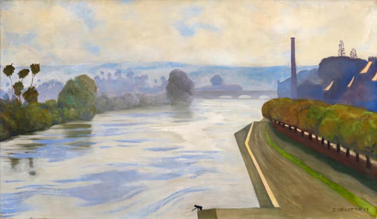 Félix Vallotton Seine bei Mantes Kunstkopie, breiter Fluss im Dunst mit Uferstraße, Bäumen und Fabrikschornstein