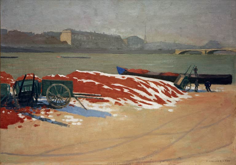 Félix Vallotton Seineufer mit rotem Sandhaufen Kunstkopie, Karren und Lastkahn am Pariser Flussufer unter grauem Himmel