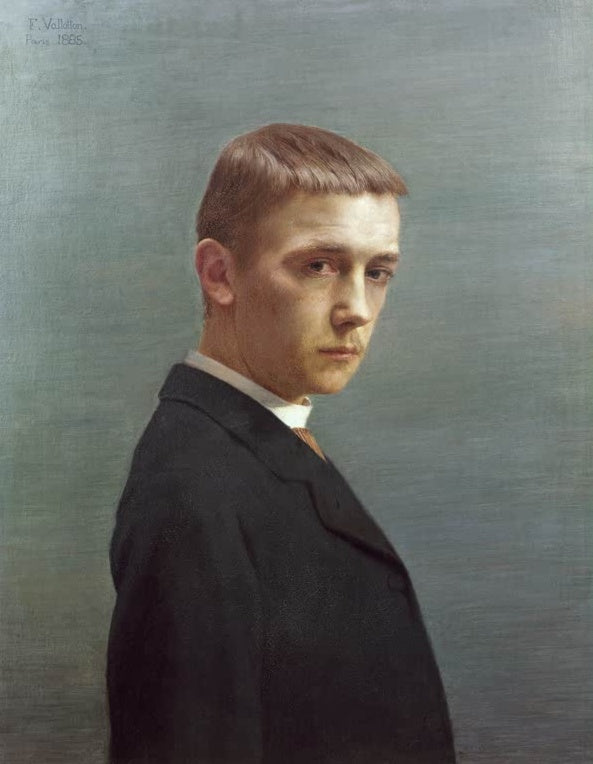 Félix Vallotton Selbstbildnis als Zwanzigjähriger Kunstkopie, junger Mann im schwarzen Mantel vor grauem Grund