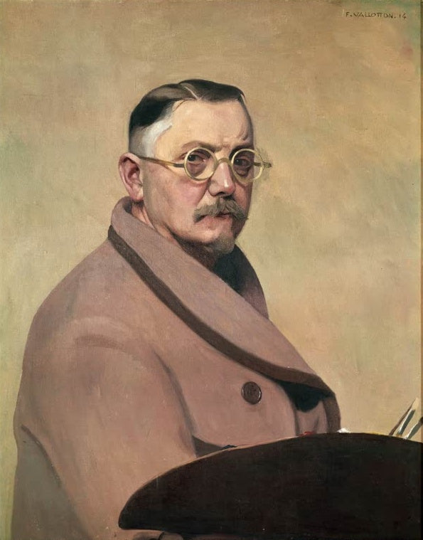 Félix Vallotton Selbstbildnis im Hausmantel Kunstkopie, Maler mit runder Brille, Schnurrbart und Palette vor hellem Grund