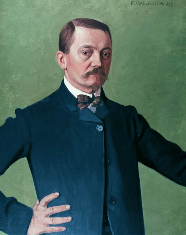 Félix Vallotton Selbstbildnis Kunstkopie, Halbfigur des Malers mit Schnurrbart, Fliege und dunklem Anzug vor grünem Grund