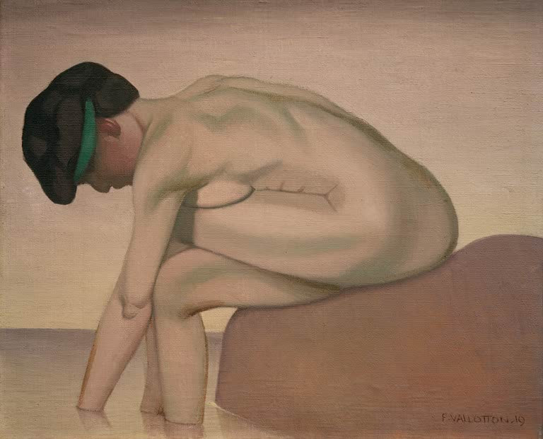 Félix Vallotton Sitzende Badende Kunstwerk Kunstkopie, kauernder Frauenakt im Profil auf einem rosafarbenen Felsen am Wasser