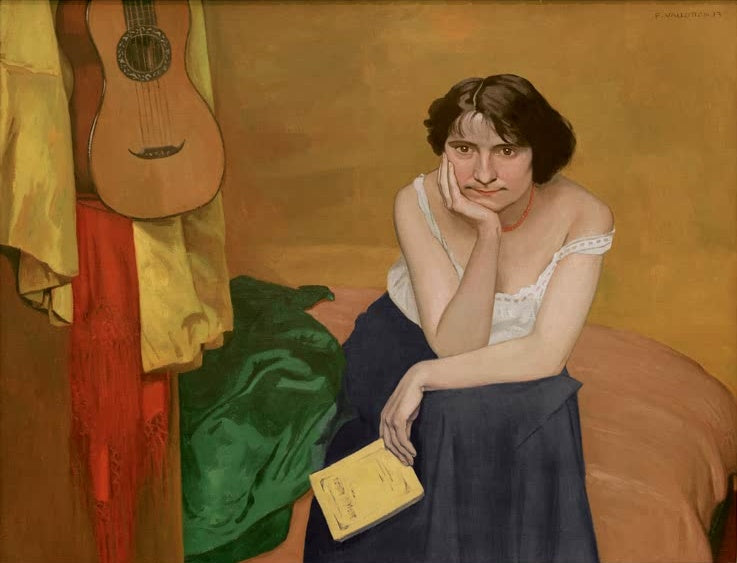 Félix Vallotton Sitzende junge Frau mit Gitarre Kunstkopie, nachdenkliche Frau mit gelbem Notenheft vor ockerfarbenem Grund