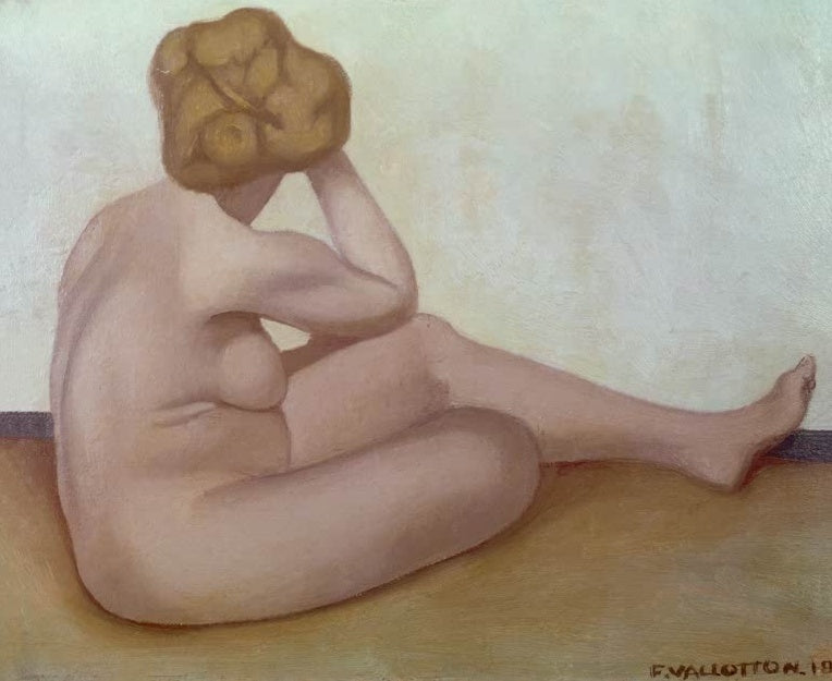 Félix Vallotton Sitzende nackte Frau Kunstkopie, Rückenakt mit aufgestütztem Kopf vor heller Wand auf ockerfarbenem Grund