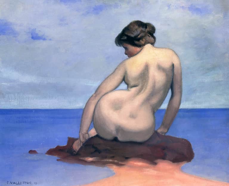Félix Vallotton Sitzender Rückenakt auf Felsen am Meer Kunstkopie, Frau von hinten auf einem Felsen vor blauem Meer