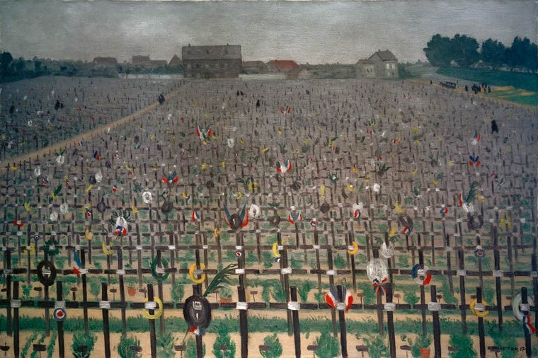 Félix Vallotton Soldatenfriedhof von Châlons-sur-Marne Kunstkopie, endlose Reihen von Holzkreuzen mit Kränzen und Trikoloren