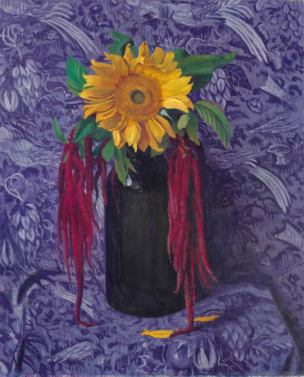 Félix Vallotton Sonnenblume und Fuchsschwanz vor violettem Stoff Kunstkopie, gelbe Blüte vor Violett