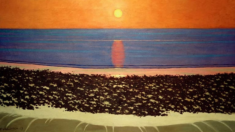 Félix Vallotton Sonnenuntergang bei Villerville Kunstkopie, orange Himmel über blauem Meer und dunklem Kieselstrand