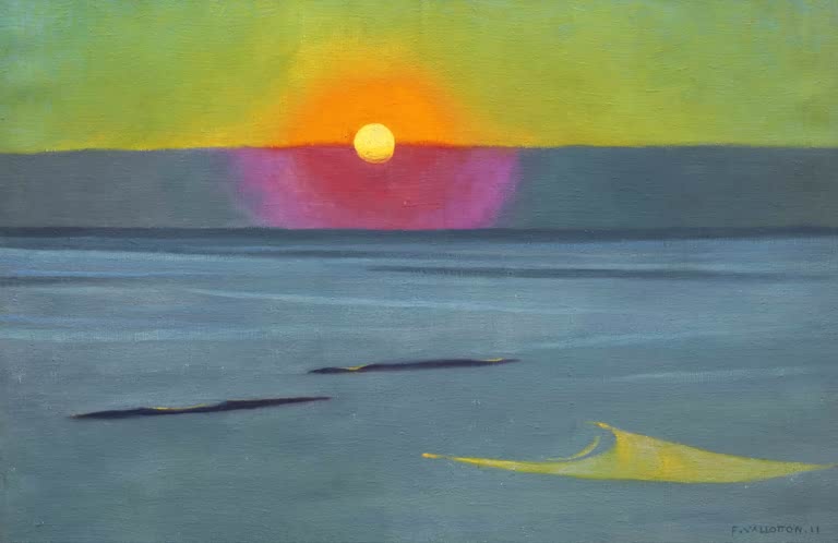 Félix Vallotton Sonnenuntergang im Nebel Kunstkopie, orange Sonne mit rosa Spiegelung über ruhigem graublauem Meer