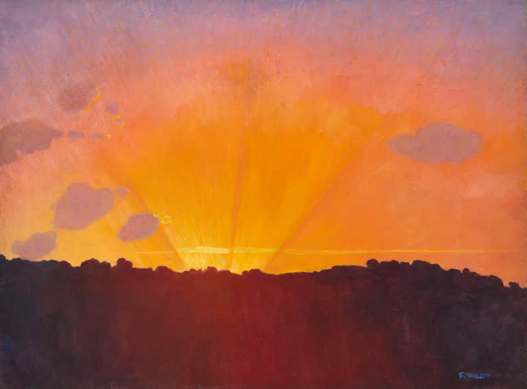 Félix Vallotton Sonnenuntergang Kunstkopie, Sonne hinter dunkler Hügelkette unter orangefarbenem Himmel