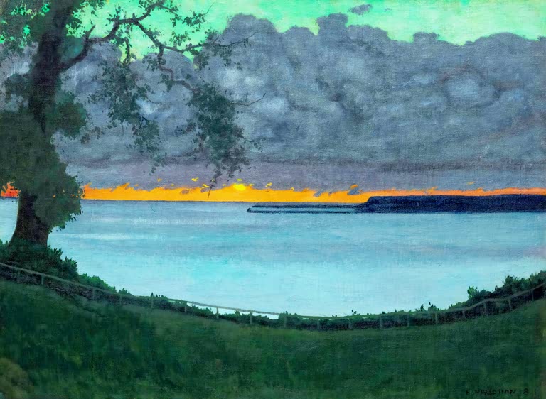Félix Vallotton Sonnenuntergang über der Bucht mit Mole Kunstkopie, grauer Wolkenhimmel und orangefarbener Horizont