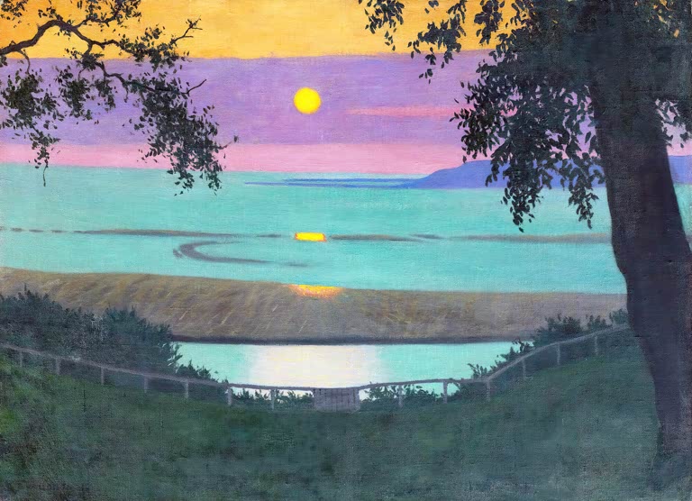 Félix Vallotton Sonnenuntergang an der normannischen Küste Kunstkopie, gelbe Sonne über türkisfarbenem Meer und Bäumen
