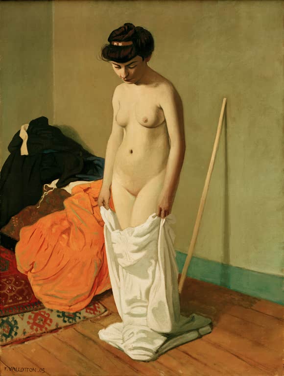 Félix Vallotton Stehender Akt, sich entkleidend, vor orangem Kleid Kunstkopie, junge Frau mit weißem Hemd im Atelier