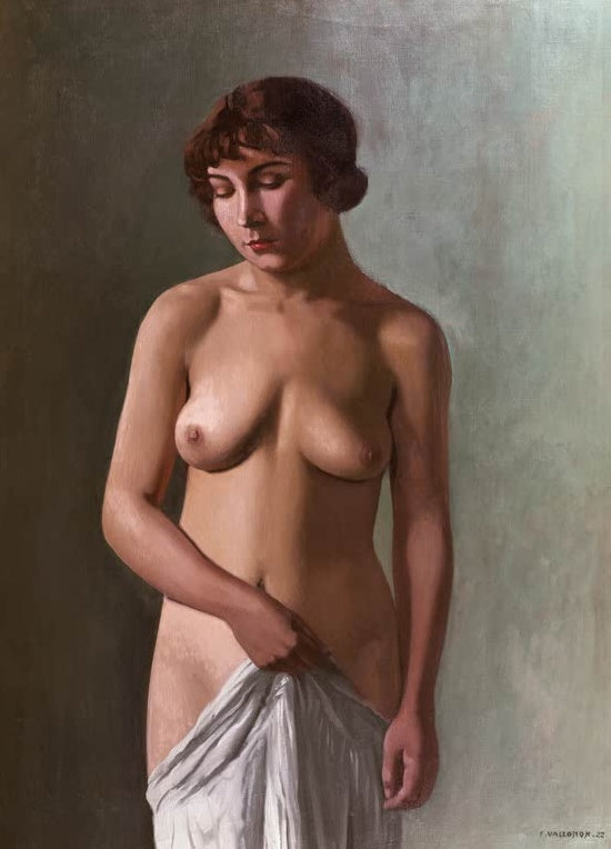 Félix Vallotton Stehendes junges Mädchen Kunstkopie, Halbakt mit weißem Tuch vor graugrünem Grund