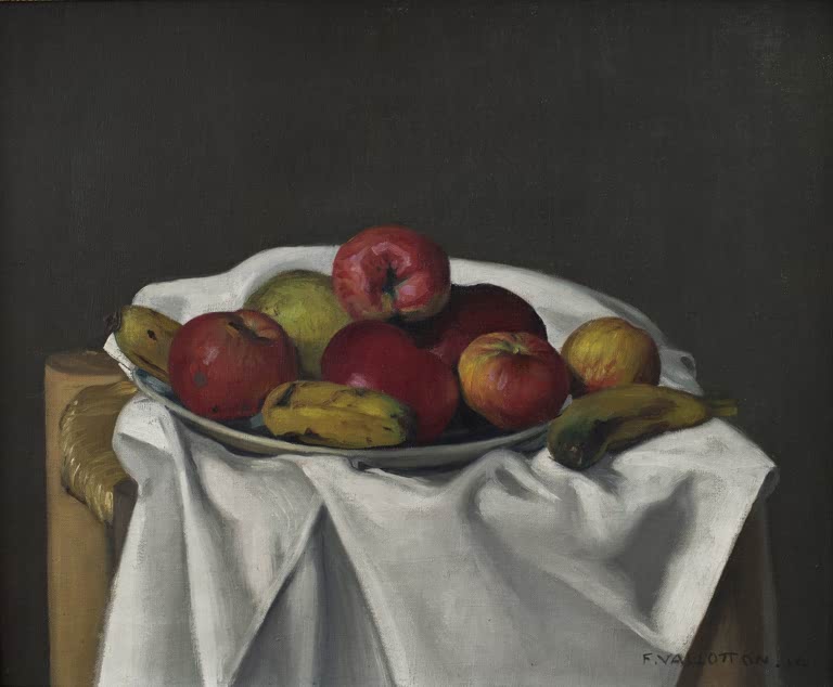 Félix Vallotton Stillleben mit Äpfeln Kunstkopie, rote Äpfel, Birne und Bananen auf einer Schale mit weißem Tuch
