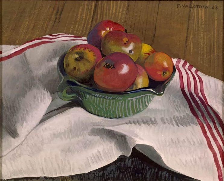 Félix Vallotton Stillleben mit Äpfeln in grüner Schale Kunstkopie, rote Äpfel auf weißem Tuch mit roten Streifen