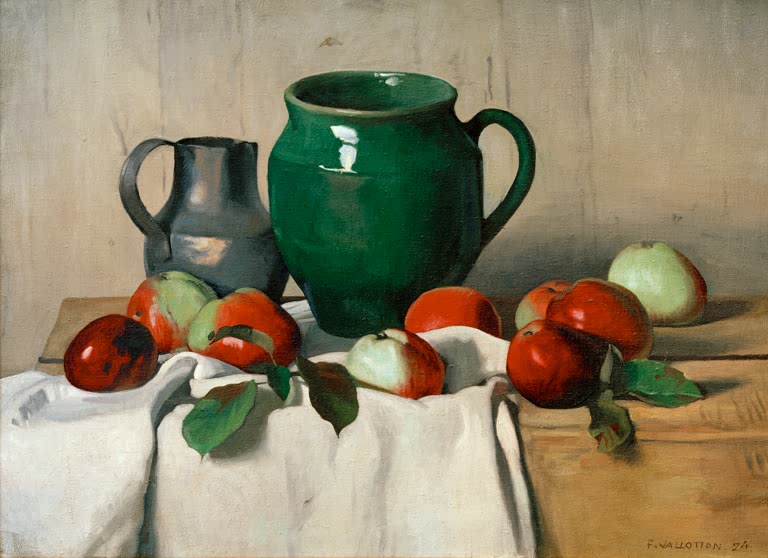 Félix Vallotton Stillleben mit Äpfeln und grünem Krug Kunstkopie, rote Äpfel auf weißem Tuch neben Steingutkrug und Zinnkanne