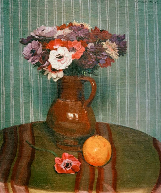 Félix Vallotton Stillleben mit Anemonen und Orange Kunstkopie, bunter Strauß im braunen Krug vor grün gestreifter Wand