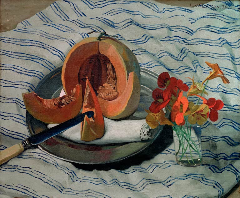 Félix Vallotton Stillleben Melone Kunstkopie, aufgeschnittene Melone und Blüten im Glas auf blau gestreiftem Tuch
