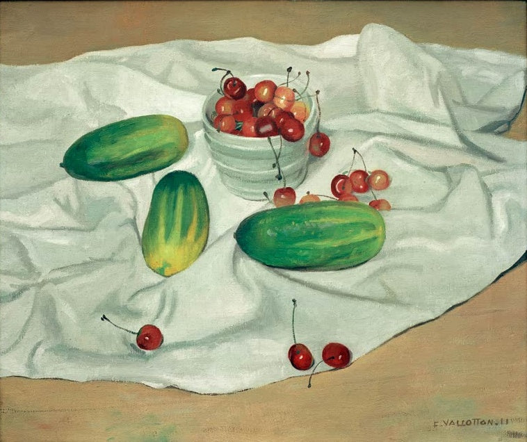 Félix Vallotton Gurken und Kirschen Kunstkopie, grüne Gurken und Schale mit roten Kirschen auf weißem Tuch