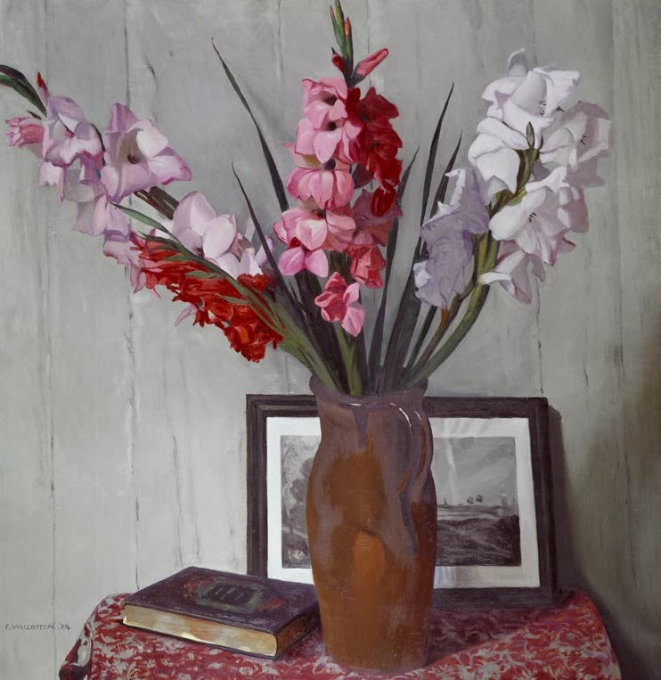 Félix Vallotton Stillleben mit Gladiolen Kunstkopie, rosa, rote und weiße Gladiolen in braunem Krug vor gerahmtem Bild