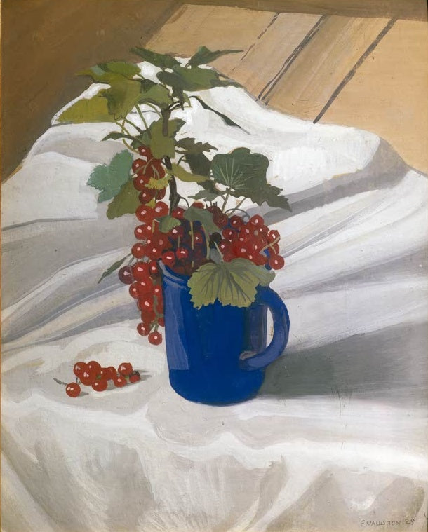 Félix Vallotton Stillleben Johannisbeerzweig Kunstkopie, roter Beerenzweig in blauem Becher auf weißem, gefaltetem Tuch