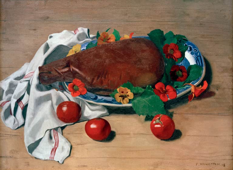 Félix Vallotton Stillleben mit Schinken und Tomaten Kunstkopie, Schinken auf blauem Teller mit Kapuzinerkresse