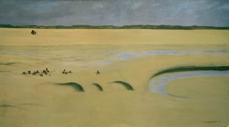 Félix Vallotton Strand bei Ebbe Kunstkopie, weite gelbe Sandfläche unter grauem Gewitterhimmel mit Segelboot