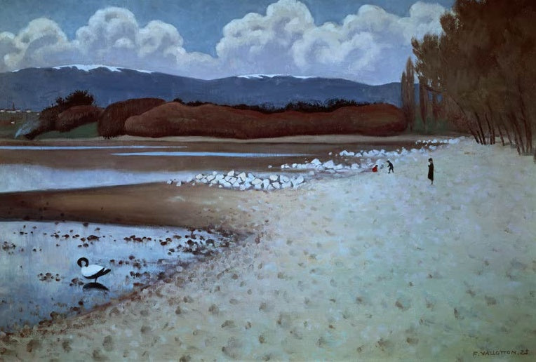 Félix Vallotton Strand bei Vidy Kunstkopie, heller Uferstrand mit Schwan im Flachwasser vor schneebedeckten Bergen