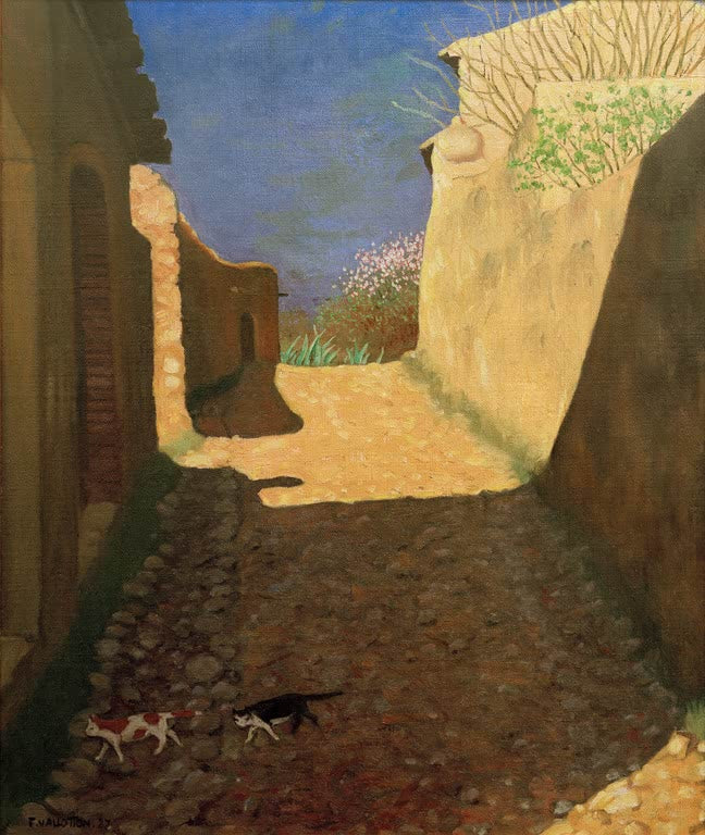Félix Vallotton Straße im Sonnenlicht Kunstkopie, sonnige Gasse mit Lehmmauern, zwei Katzen und blauem Himmel