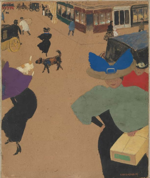 Félix Vallotton Straßenszene in Paris Kunstkopie, Passanten, Hund und Kutschen auf sandfarbener Straße, Dame mit Paket