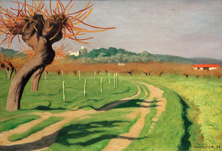Félix Vallotton Tal der Cagne mit Kopfweide Kunstkopie, Feldweg durch grüne Wiesen mit Bauernhaus unter grauem Himmel