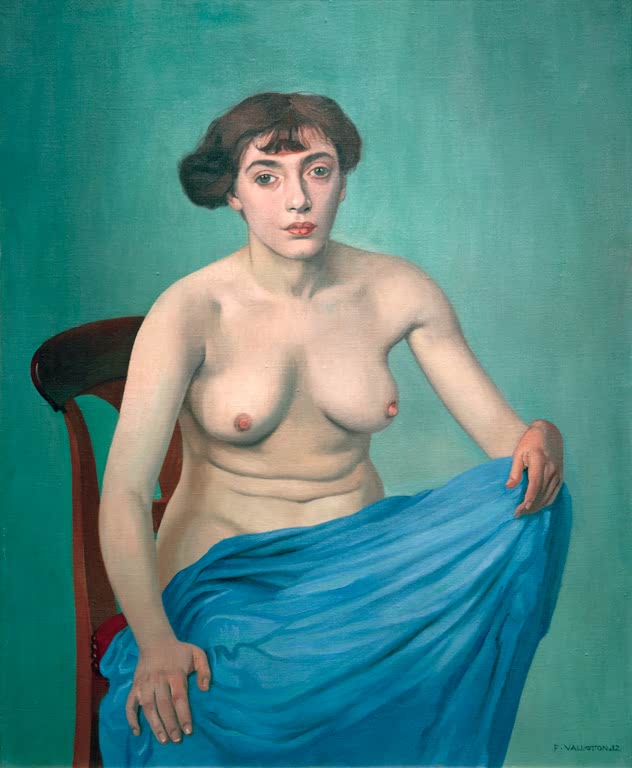 Félix Vallotton Torso mit blauem Tuch Kunstkopie, sitzende junge Frau mit blauem Stoff vor türkisgrünem Grund