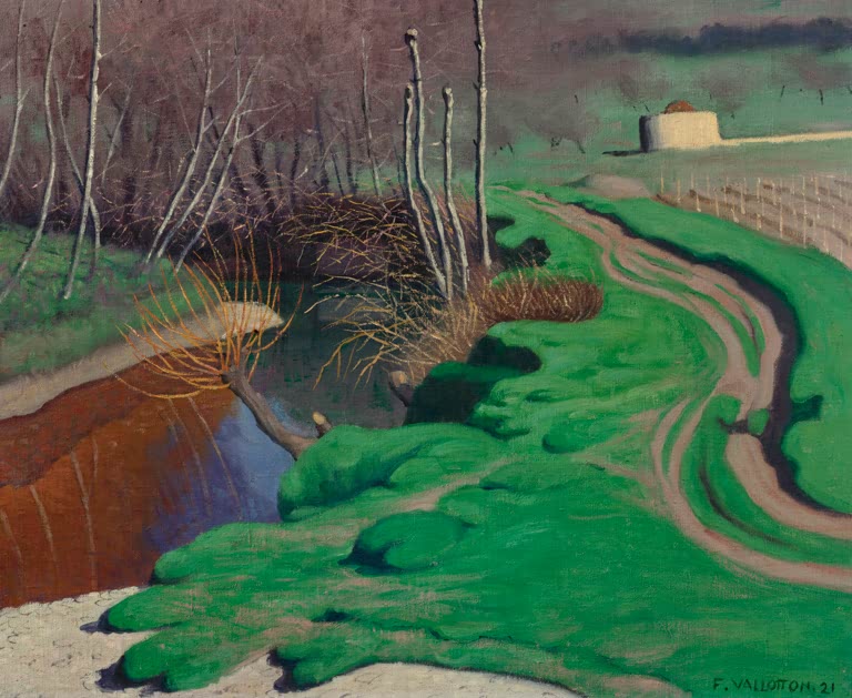 Félix Vallotton Ufer der Cagne mit gewundenem Feldweg Kunstkopie, Weg und Bach im Grün